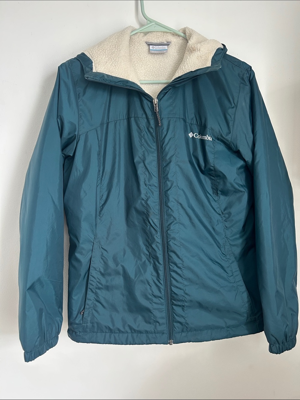 Columbia Teal Hooded Raincoat with Cream Fleece Lining